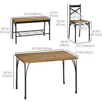 HOMCOM Industrial Dining Table Set for 6 People, 6 Piece Kitchen Table and Chairs Set, Dinner Table with Bench and Storage Shelf, Dinette Set, Rustic Brown(m-3)