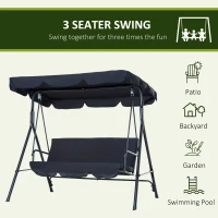 Outsunny 3-Seat Outdoor Patio Swing Chair with Removable Cushion, Steel Frame Stand and Adjustable Tilt Canopy for Patio, Garden, Poolside, Balcony, Backyard, Black(m-7)