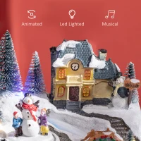 HOMCOM Christmas Village Rotating Skating Pond Animated Winter Wonderland Set with LED Light, Music, Fiber Optic, Battery-Operated Christmas Decoration(m-7)