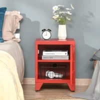 HOMCOM Industrial End Table, Living Room Side Table with Locker-Style Door and Adjustable Shelf, Red(m-4)