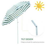 Outsunny 6FT Round Beach Umbrella with Tilt Mechanism, Outdoor UV Protection Sun Shaded Canopy with Push Button, Striped Green(m-5)