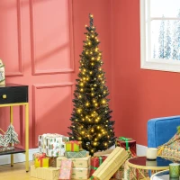 HOMCOM 5ft Pencil Christmas Tree, Slim Artificial Christmas Tree with Realistic Branches and Warm White LED Lights, Black(m-10)