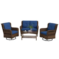 Outsunny 4 Piece Rattan Patio Furniture Set, Conversation Set with Swivel Glider Chairs Table Loveseat for Garden, Patio, Blue(m-11)