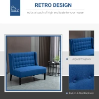 HOMCOM Wingback Double Sofa Linen Fabric Upholstery Button Tufted Loveseat Armless Couch Modern Contemporary Living Room Settee with Wood Legs, Blue(m-4)