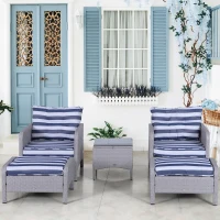 Outsunny 5 Pieces Wicker Patio Furniture Sofa Set Thick Padded Cushions, Outdoor PE Rattan Conversation Coffee Set with Armchairs, Footstools and Glass Top Table, Blue and White(m-10)