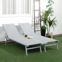 Outsunny Chaise Lounge Pool Chairs Set of 2, Aluminum Outdoor Sun Tanning Chairs with Five-Position Reclining Back, Shelf & Breathable Mesh for Beach, Yard, Patio, Light Gray(m-10)