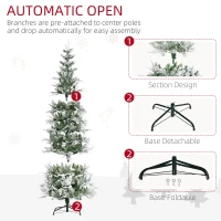 HOMCOM 7.5 Feet Pencil Snow Flocked Artificial Christmas Tree with 880 Realistic Cypress Branches, Auto Open, Green(m-6)