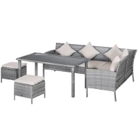 Outsunny 5 Pieces Wicker Patio Conversation Dining Furniture Set with Cushions, Table and Ottomans, Cream White(m-2)