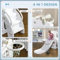 Qaba 5 in 1 Toddler Slide with Basketball Hoop, Climber, Telescope, Storage Basket, for 1-3 Years Kids Indoor Use, Grey(m-4)