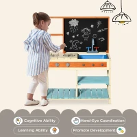 Qaba Kids Kitchen Playset, Wooden Pretend Play Kitchen Toy Set for Toddlers with Chalkboard, Removable Sink, Faucet, Storage Shelves, for 3-8 Years(m-7)