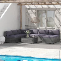 Outsunny Patio Furniture Set, 8 Pieces, Sectional Sofa, All Weather PE Rattan Conversation Set, Tempered Glass Table, 6 Seats, Ottoman Footstool, Cushions for Lawn, Backyard, Gray(m-2)