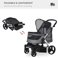 PawHut Pet Stroller Foldable Dog Cat Travel Carriage with Adjustable Handlebar PVC Wheel Brake Storage Bag Mesh Window Safety Leash Aluminum Grey(m-5)