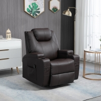 HOMCOM Massage Recliner Chair, Swivel Nursery Rocker Chair, Manual Reclining Sofa with 8 Vibration Points, PU Leather, Cup Holders, Side Pockets, for Living Room, Brown