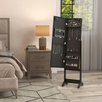 HOMCOM Free Standing Armoire Organizer, Lighted Mirrored Jewelry Cabinet w/ Angle Adjustable & 16 LED Lights Black(m-10)