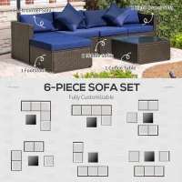 Outsunny 6 Piece Patio Furniture Set Outdoor Wicker Conversation Set All Weather PE Rattan Sectional Sofa Set with Ottoman, Cushions and Tempered Glass Table, Coffee and Blue(m-7)