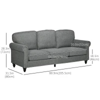 HOMCOM 3-Seater Sofa Couch, 81" Modern Upholstered Linen Fabric Sofa with Rubberwood Legs, Nailhead Trim and Rolled Arms for Living Room, Bedroom and Apartment, Grey(m-3)