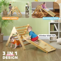 Qaba Pikler Triangle Set, 3 in 1 Climbing Toys with Ramp for Toddlers, Nature Wood(m-4)
