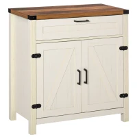 HOMCOM Modern Farmhouse Sideboard with Storage, Buffet Cabinet with 2 Barn Doors and Drawer for Dining Room, Distressed White(m-11)