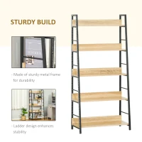 HOMCOM Modern Bookshelf Storage with 5-Tier Wide Shelving, Metal Frame, Wooden Bookcase for Living Room Library Home Furniture, Oak(m-6)