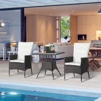 Outsunny 3 Piece Patio Bistro Set, PE Wicker Furniture Conversation Set w/ Tufted Cushion Reclining Chairs & Coffee Table, Cream(m-10)