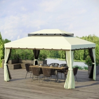 Outsunny 10'x13' Soft-top Aluminum Gazebo Deck Canopy Double Tier Garden Shelter with Netting and Curtains, Cream White