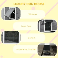 PawHut Wooden Cabin Style Outdoor Dog House with Openable Roof, Removable Bottom, Windows, Curtain, Foot Covers, Gray(m-7)