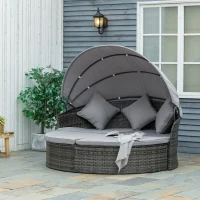 Outsunny 2 Pcs Rattan Outdoor Daybed with Retractable Canopy, Wicker Round Patio Daybed Set with Cushions & Pillows, Mixed Grey(m-8)