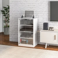 HOMCOM 5-Tier Media Cabinet, Media Stand with Adjustable Shelves, Tempered Glass Doors, and Cable Management, Distressed White(m-8)