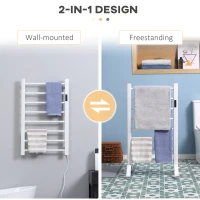 HOMCOM 8-Bar Heated Towel Warmer Rack with Built-in Timer and LED Indicators, Wall Mounted & Free Standing Carbon Steel Electric Towel Bar with Adjustable Temperature, White(m-4)