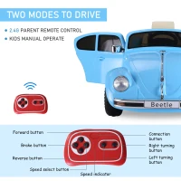 Aosom Licensed Volkswagen Beetle Electric Kids Ride-On Car 6V Battery Powered Toy with Remote Control Music Horn Lights MP3 for 3-6 Years Old Blue(m-6)