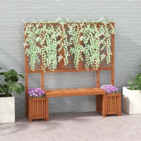 Outsunny Wood Outdoor Bench with Trellis for Climbing Plants and 2 Planter Boxes Garden Planter with Bench Privacy Panel Brown(m-8)