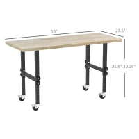 HOMCOM 59" Work Bench with Height Adjustable Legs, Bamboo Tabletop Workstation Tool Table on Wheels for Garage, Weight Capacity 1320 Lbs, Black/Natural(m-3)