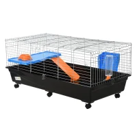 PawHut 47" Small Animal Cage, Rolling Guinea Pig Cage with Food Dish, Water Bottle, Hay Feeder, Platform, Ramp, Black(m-2)