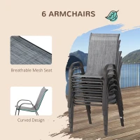 Outsunny 8 Pieces Patio Furniture Set with 9Ft Patio Umbrella, Outdoor Dining Table and Chairs, 6 Chairs, Push Button Tilt and Crank Parasol, Tempered Glass Top, Gray(m-6)