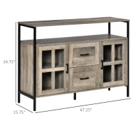HOMCOM Industrial Sideboard Buffet Cabinet, Coffee Bar Cabinet with Adjustable Shelves, Glass Doors, and 2 Drawers for Kitchen, Living Room, Gray(m-3)