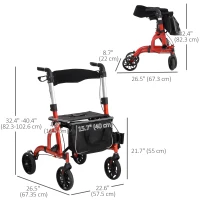 HOMCOM Rollator Walker for Seniors and Adults with 8'' Wheels, Padded Seat and Backrest,  Storage Bag Red(m-3)