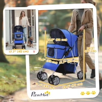 PawHut 4 Wheel Pet Stroller for Small Dogs Cats, Dog Stroller with Folding Sunshade Canopy, Pet Carrier Folding Sunshade Canopy with Brake, Safety Leash, Cup Holder, Blue(m-3)