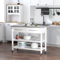 HOMCOM Kitchen Island with Stainless Steel Top, Traditional Kitchen Island with Storage, Butcher Block Cart 2-Tier Open Shelves, Drawers, White(m-2)
