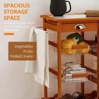 HOMCOM Wooden Rolling Kitchen Cart, Tile Counter Top Kitchen island on Wheels with Towel Rack, 2 Drawers, 2 Shelves, Wire Baskets & Wine Rack, Natural(m-7)