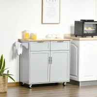 HOMCOM Rolling Kitchen Island, Kitchen Cart on Wheels with 2 Storage Drawers, 2 Door Cabinets and Towel Rack for Dining Room (Grey, 2-Doors)(m-8)