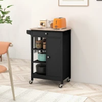 HOMCOM Modern Rolling Kitchen Island Cart with Drawer, Natural Wood Top, Towel Rack, Door Storage Cabinet, Black(m-8)