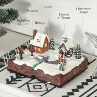 HOMCOM Christmas Village Houses with LED Lights, Music, Christmas Village Decoration with Rotating Ice Skaters, Battery Operated(m-4)