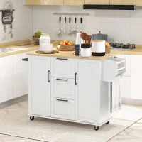 HOMCOM Kitchen Island with Drop Leaf, Rolling Kitchen Cart on Wheels with 3 Drawers, 2 Cabinets, Natural Wood Top, Spice Rack and Towel Rack, White(m-10)