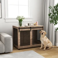 PawHut 39" Dog Crate Furniture, Dog Kennel Furniture End Table with Sliding Barn Door for Large Dogs, Walnut Brown(m-10)