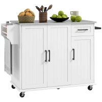 HOMCOM Kitchen Island Cart with Storage, Rolling Kitchen Island on Wheels with Drawer, 3 Cabinets, Stainless Steel Countertop, Spice Rack and Towel Rack, White(m-11)