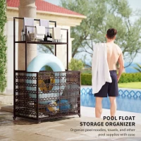 Outsunny Wicker Pool Float Storage Organizer, PE Rattan Pool Float Holder with Basket Shelf Towel Bars, Rolling Pool Caddy for Floaties, Noodles, Life Vests, Beach Balls, Mixed-Brown(m-4)