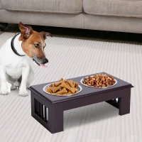 PawHut 6" Height Small Puppy Dog Feeding Station for Messy Pets, Stainless Steel Elevated Dog Bowls with Modern Wooden Frame, Dog Food Stand Pet Feeding Station, Dark Brown(m-2)