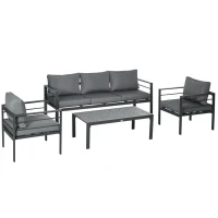 Outsunny Patio Furniture Set 4 Pieces, Outdoor Conversation Set with Water-Resistant Cushions, Coffee Table, 3-Seater Sofa, 2 Chairs for Backyard Porch, Poolside, Balcony, Gray(m-11)
