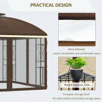 Outsunny 10' x 10' Patio Gazebo with Corner Shelves, Double Roof Outdoor Gazebo Canopy Shelter with Removable Mesh Netting, for Garden, Lawn, Backyard and Deck, Brown(m-6)