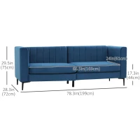 HOMCOM Modern 3-Seater Sofa, 78" Channel Tufted Sofa Couch with Velvet Fabric Upholstery, Steel Legs and Bed Slats for Living Room, Bedroom and Flat, Blue(m-3)